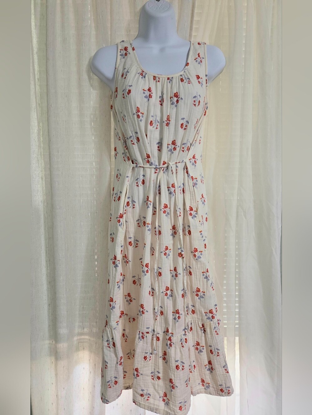 Uniqlo Cream Midi Dress with Red & Blue Floral Print